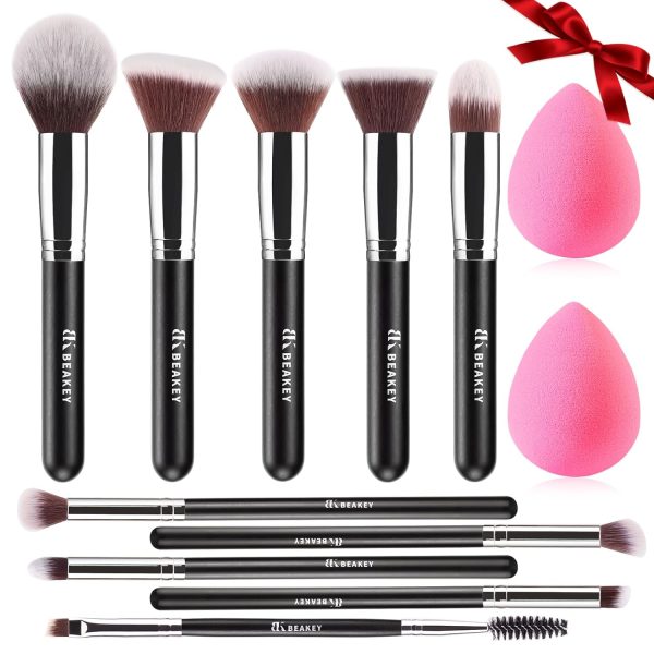 BEAKEY Makeup Brushes Set, Professional Foundation Eyeshadow Concealer Blush Powder Bronzer Applicator, 2 Blender Sponge with Beauty Paper Case, Valentines Day Gifts for Her
